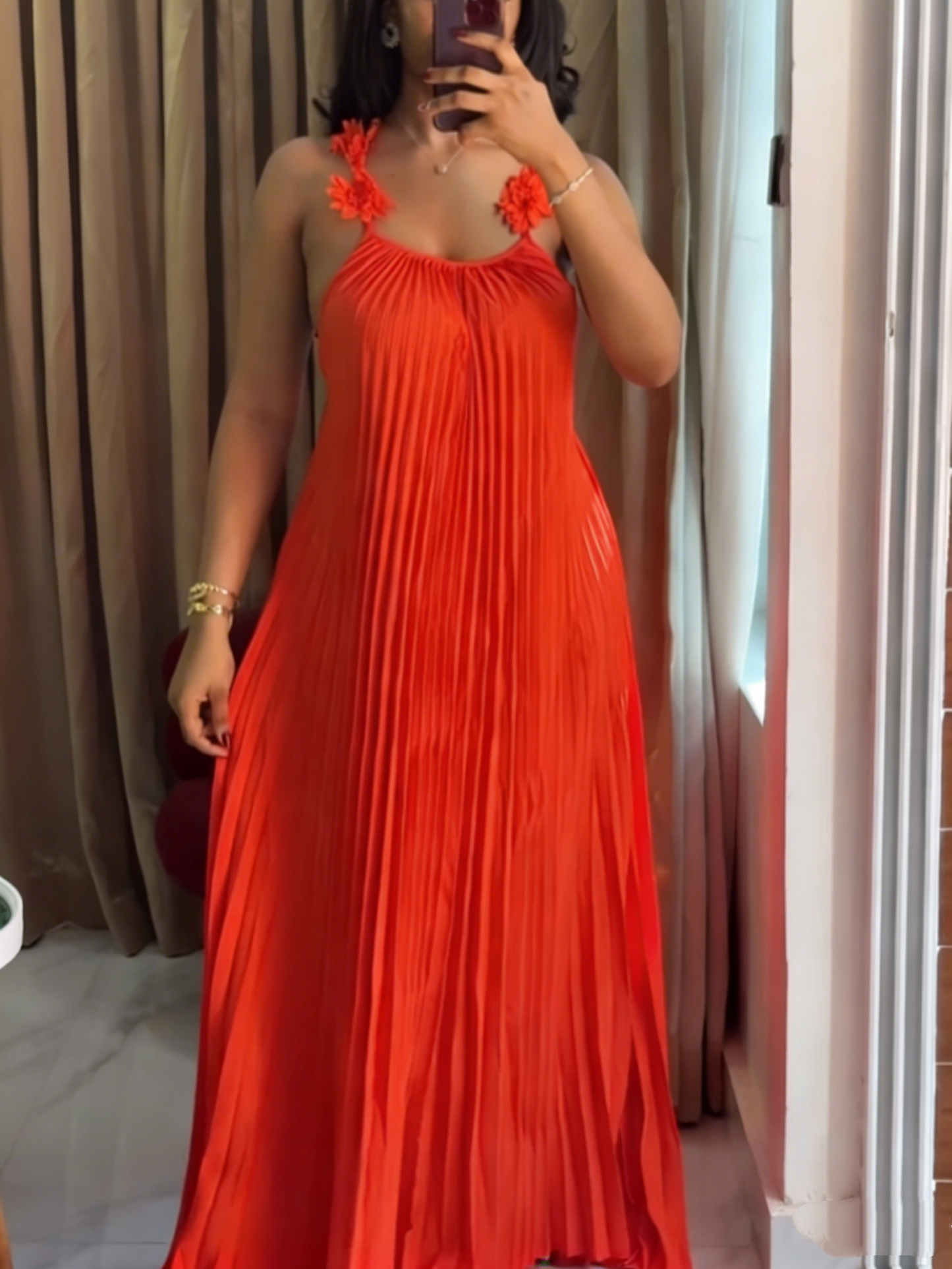 Floral Applique Straps Backless Flowy Gown