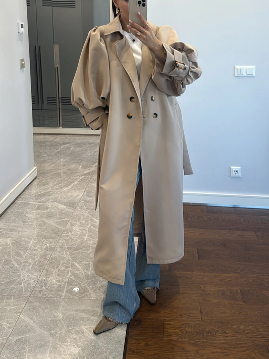 Belted Trench Coat With Sleeve Detailed