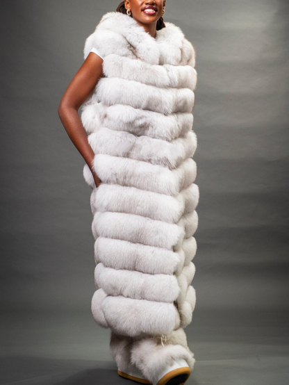 Stylish Long White Fox Fur Vest With Hood