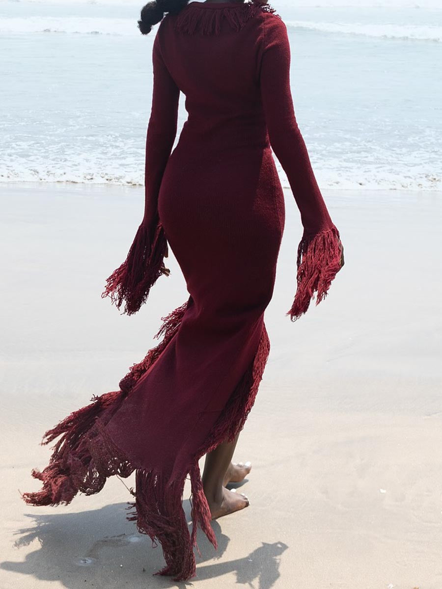 Burgundy Knit Deep V Neck Fringed Slit Hem Maxi Dress