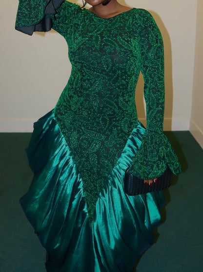 Elegant Printed Flare Sleeve Patchwork Maxi Dress