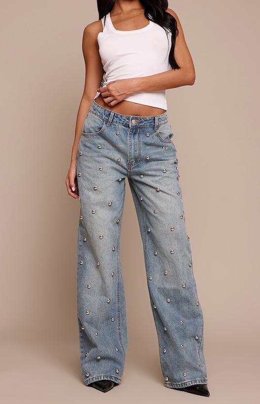 Blue Dome Stud High Waisted Denim Jeans