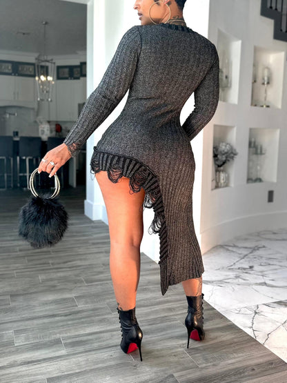 Charcoal Metallic Ribbed Knit Long Sleeve Asymmetrical Fringe Hem Bodycon Dress
