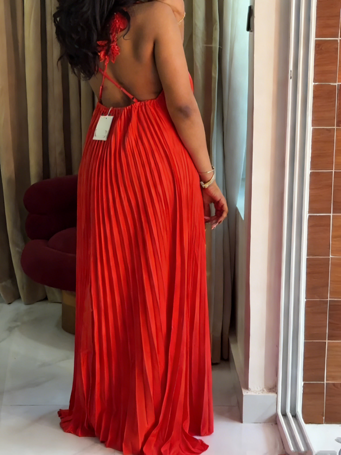 Floral Applique Straps Backless Flowy Gown