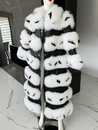 3in1 Zebra Stripe Fox Fur Leather Coat