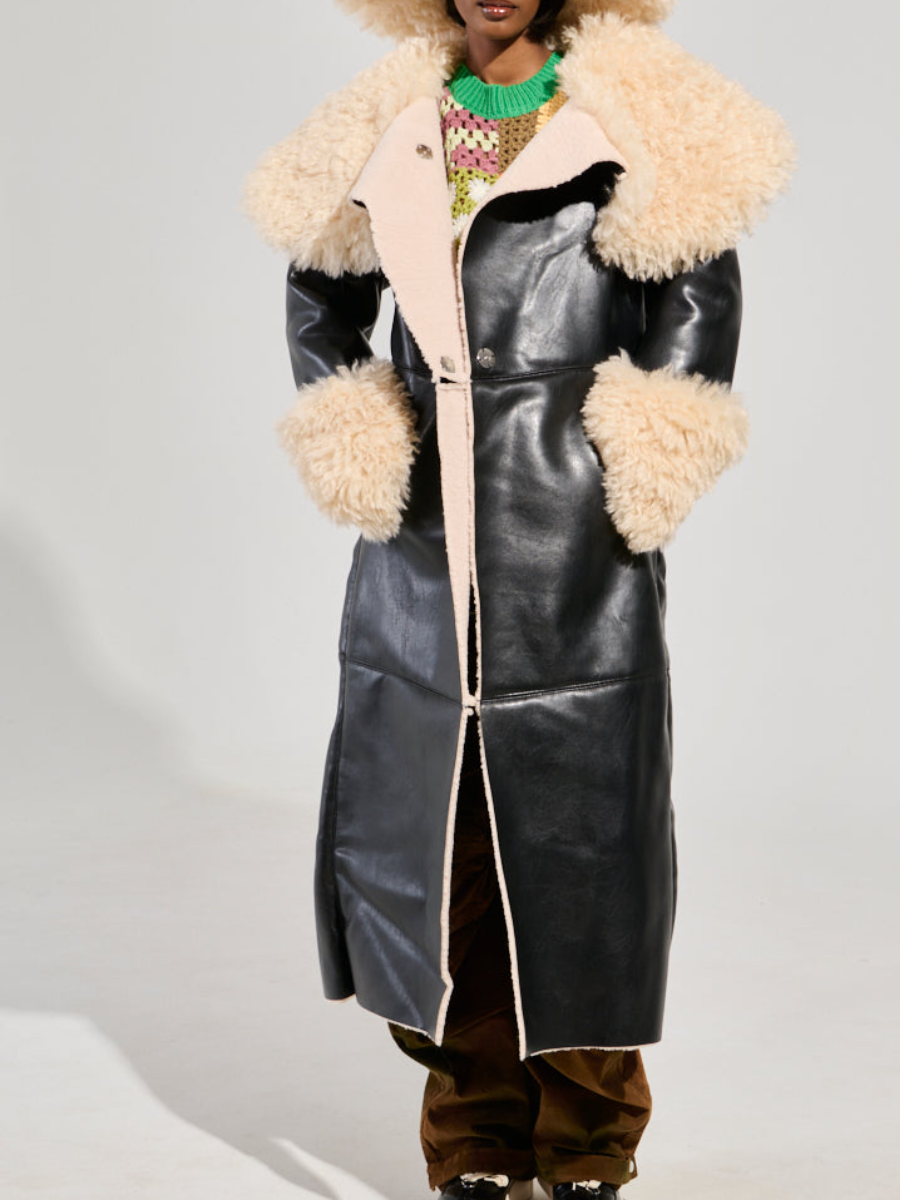 Fluffy Faux Leather Trench Coat