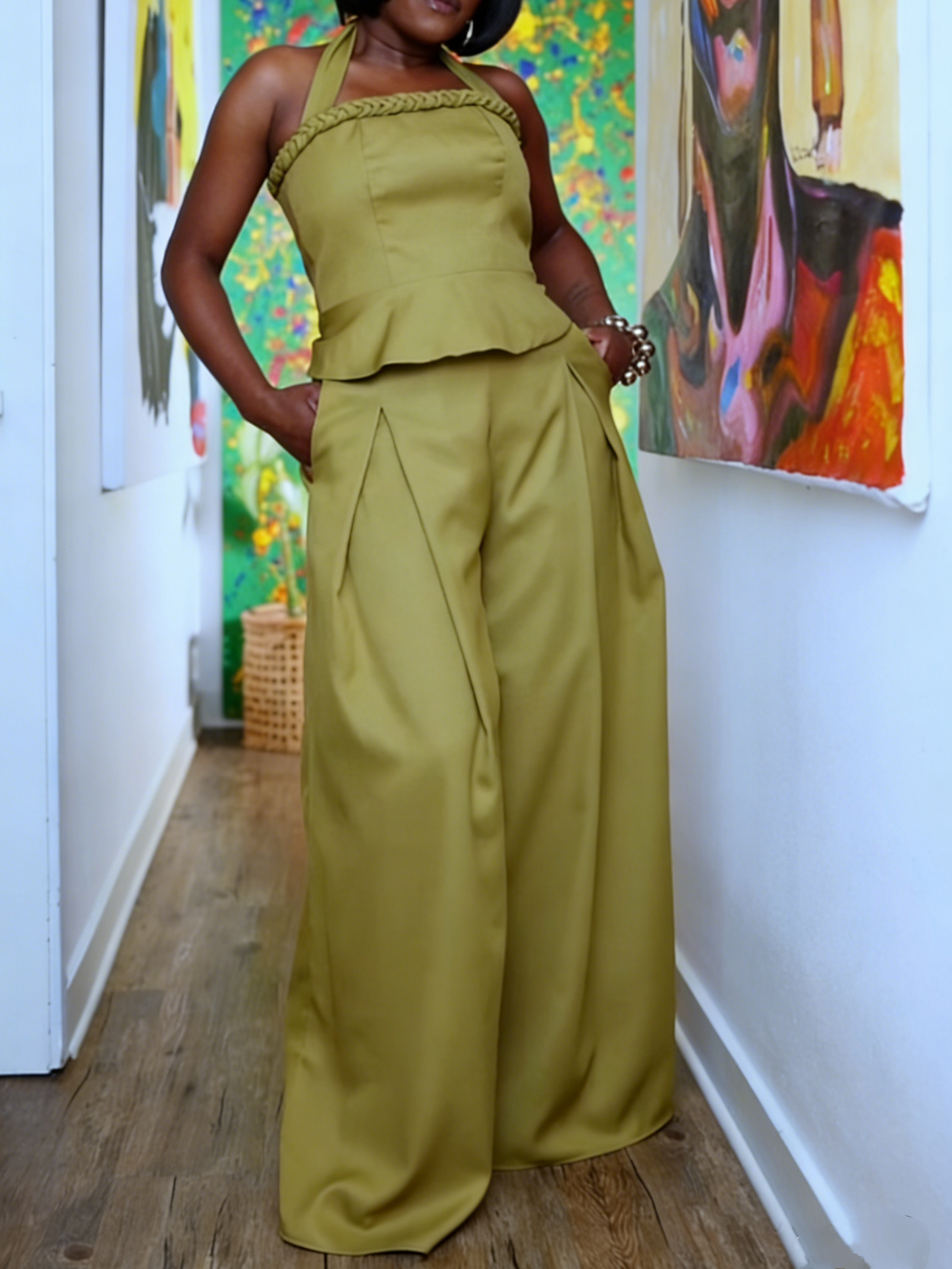 Olive Green Halter Neck Crop Top & Wide Leg Pants Set