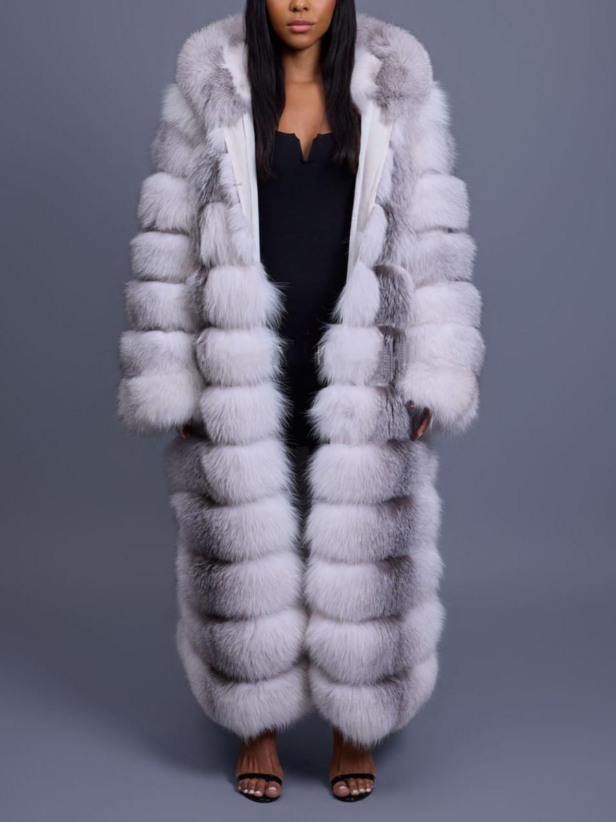 Long Length Fox Fur Trench Coat With Hood