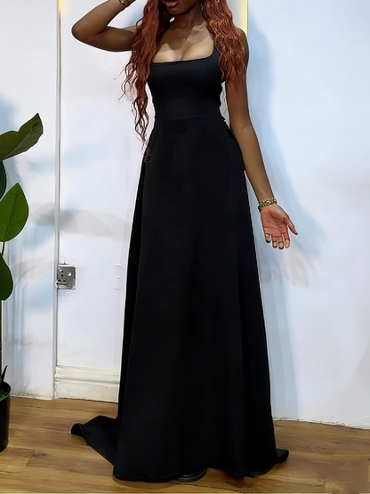 Black Halter Neck Lace-Up Back Satin Formal Gown