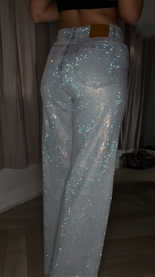 Rainbow Diamanté Blue Wide Leg Sparkle Covered Jeans