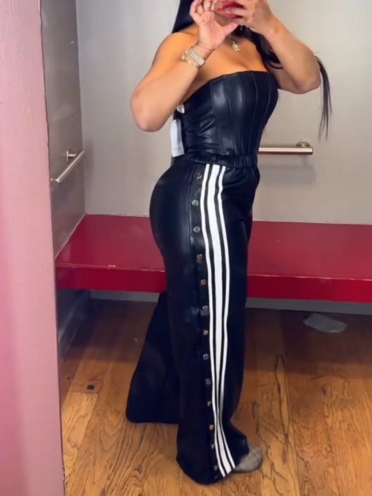 Stylish Strapless Leather Jumpsuit