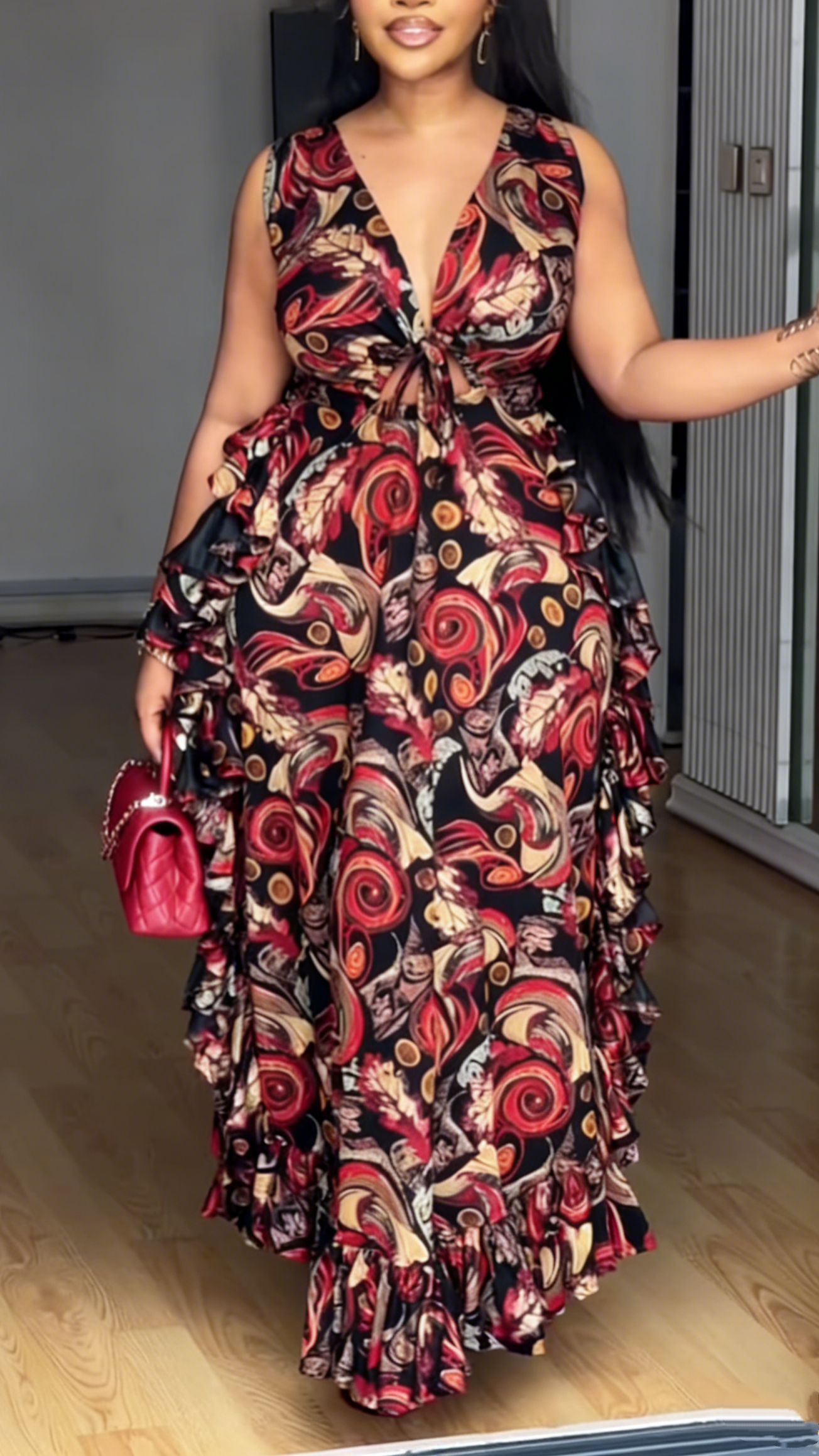 Deep V Neck Cutout Ruffled Boho Party Gown