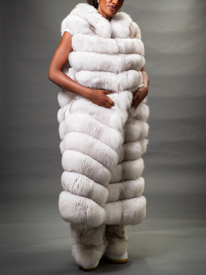 Stylish Long White Fox Fur Vest With Hood