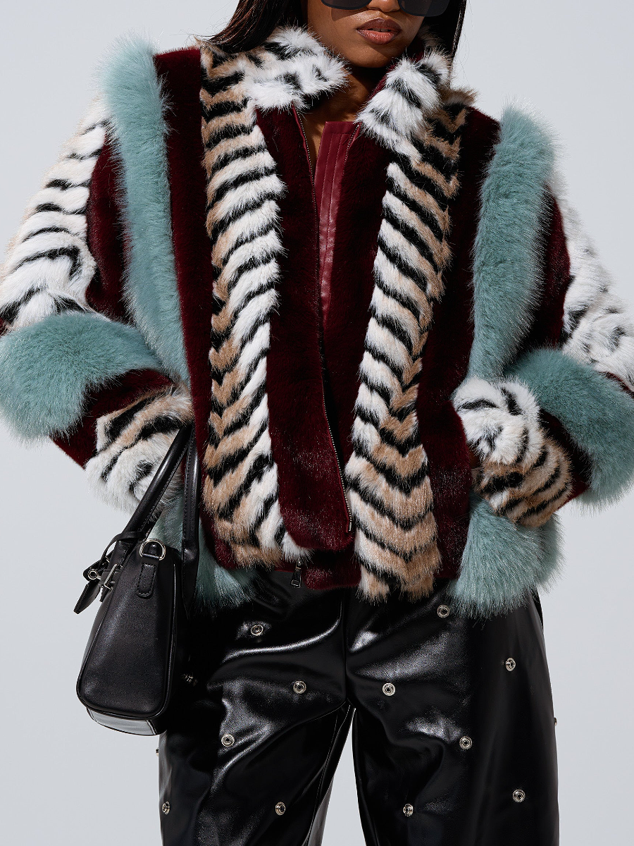 Multicolor Patchwork Cropped Fur Coat