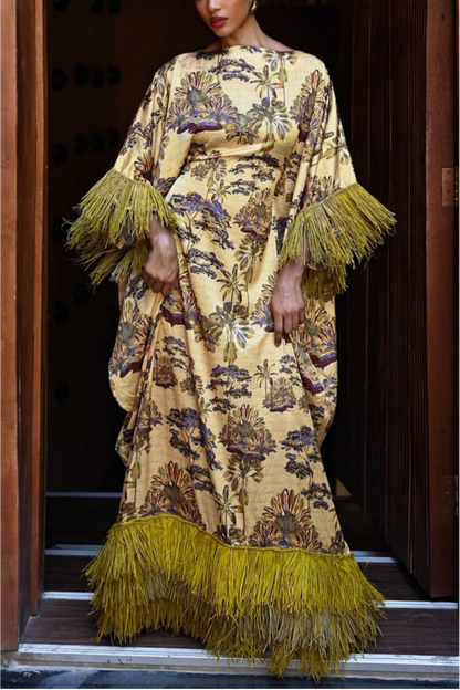 Tropical Oasis Fringe Kaftan Maxi Dress