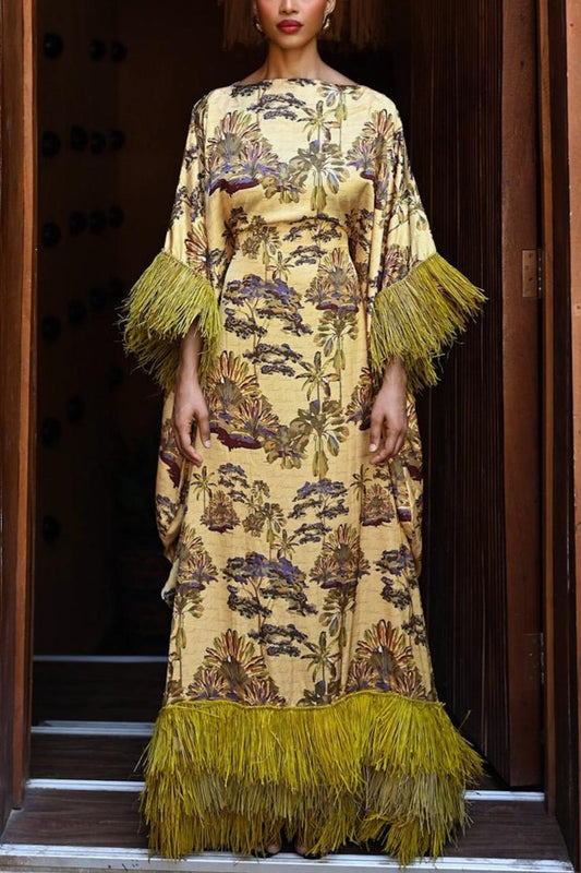 Tropical Oasis Fringe Kaftan Maxi Dress