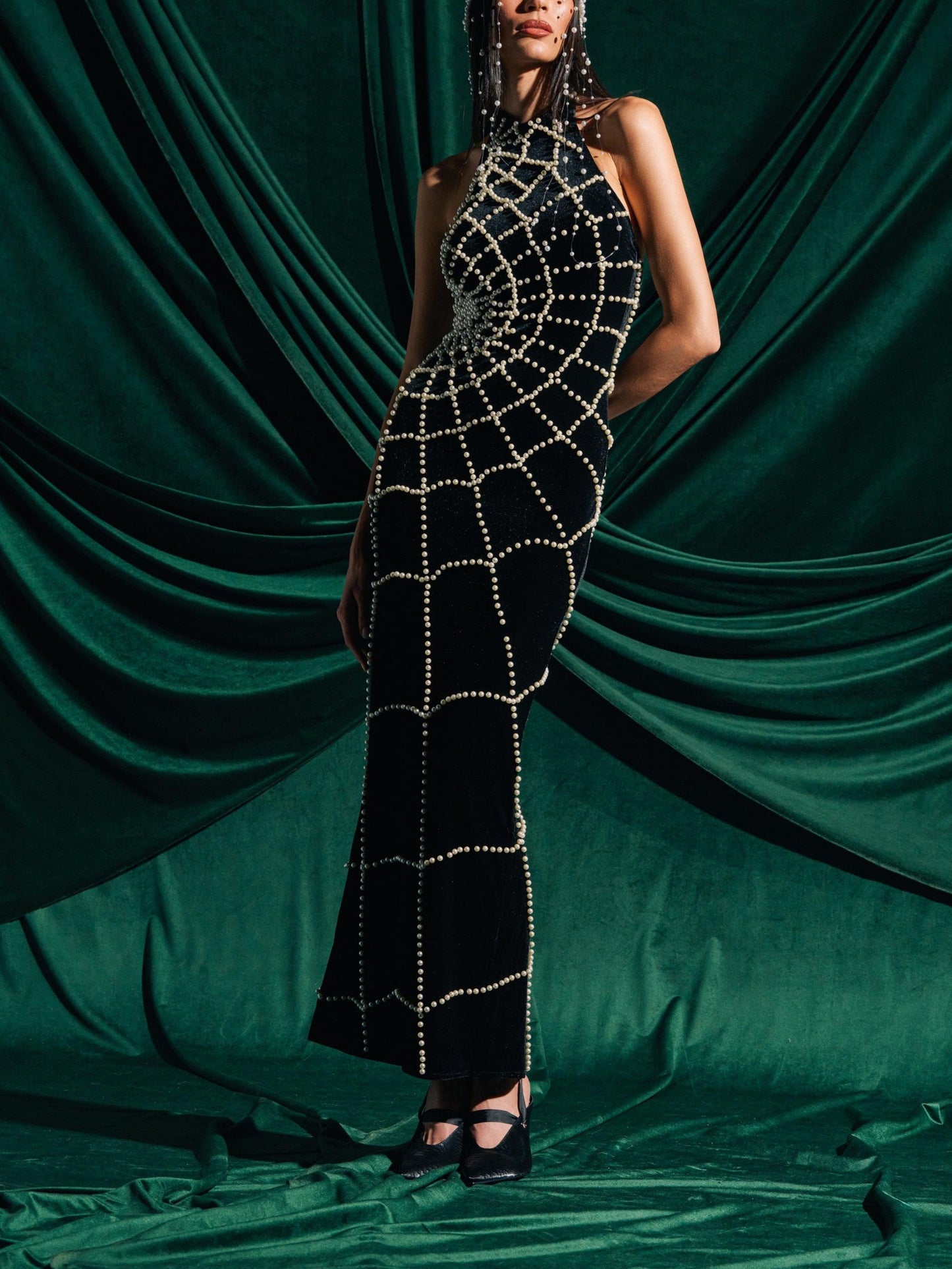 Black Velvet Spider Web Pearl-Embellished Halter Maxi Dress