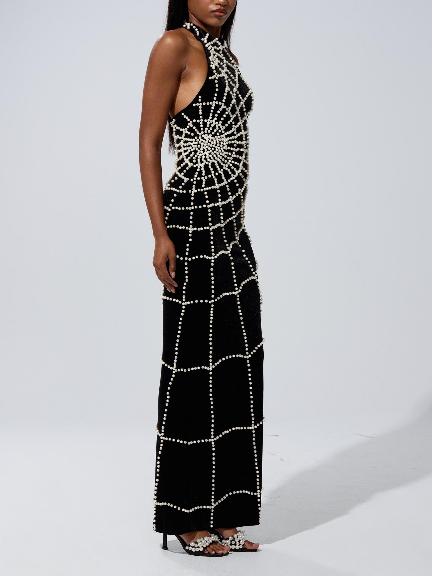 Black Velvet Spider Web Pearl-Embellished Halter Maxi Dress