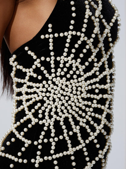 Black Velvet Spider Web Pearl-Embellished Halter Maxi Dress