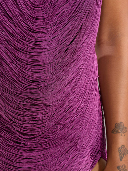 Magenta Fringe Deep V Asymmetrical Midi Dress