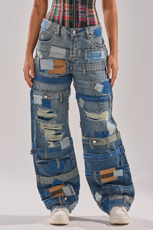 Vintage Patchwork Wide Leg Jeans - Y2K Distressed Denim