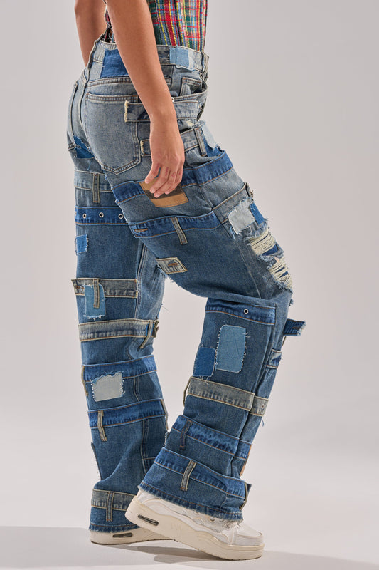 Vintage Patchwork Wide Leg Jeans - Y2K Distressed Denim