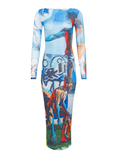 Abstract Art Print Bodycon Maxi Dress