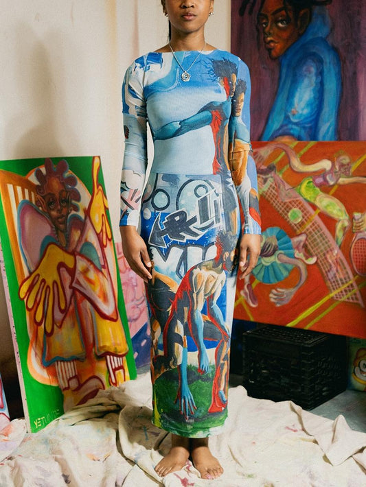 Abstract Art Print Bodycon Maxi Dress