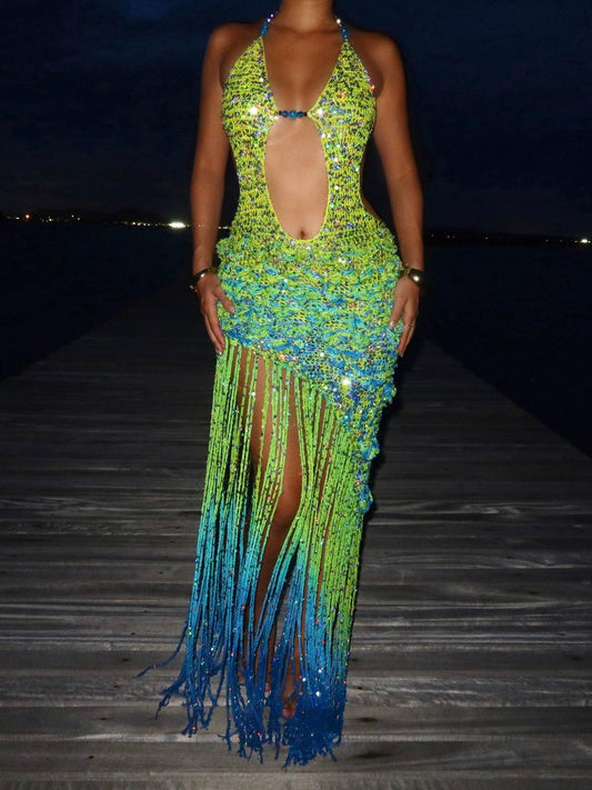 Ocean Ombre Sequin Halter Cutout Fringe Maxi Dress