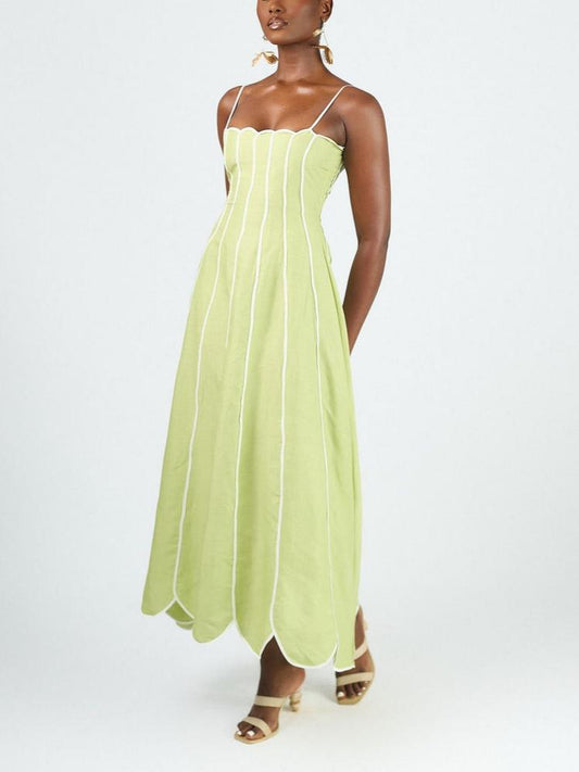 Scalloped Edge Lime Linen Maxi Dress