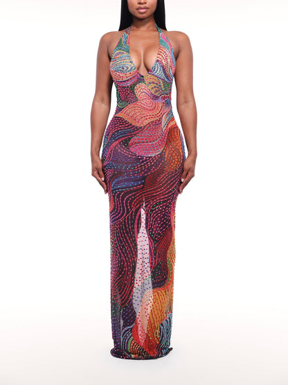 Colorful Rhinestone Halter Deep V Bodycon Maxi Dress