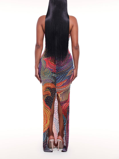 Colorful Rhinestone Halter Deep V Bodycon Maxi Dress