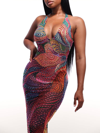 Colorful Rhinestone Halter Deep V Bodycon Maxi Dress