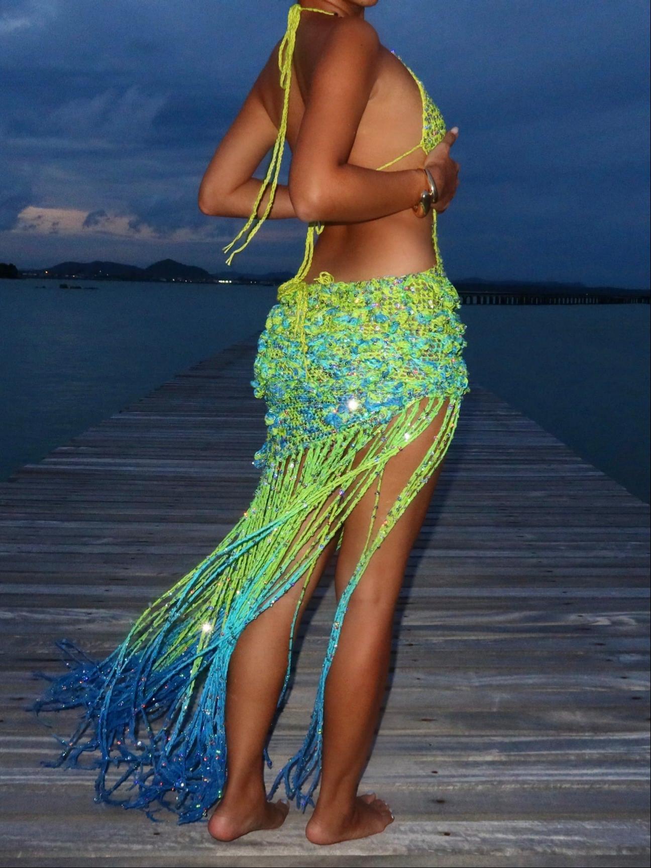 Ocean Ombre Sequin Halter Cutout Fringe Maxi Dress