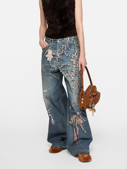 Crystal Chain Embellishments Vintage Wash Wide-Leg Denim Jeans