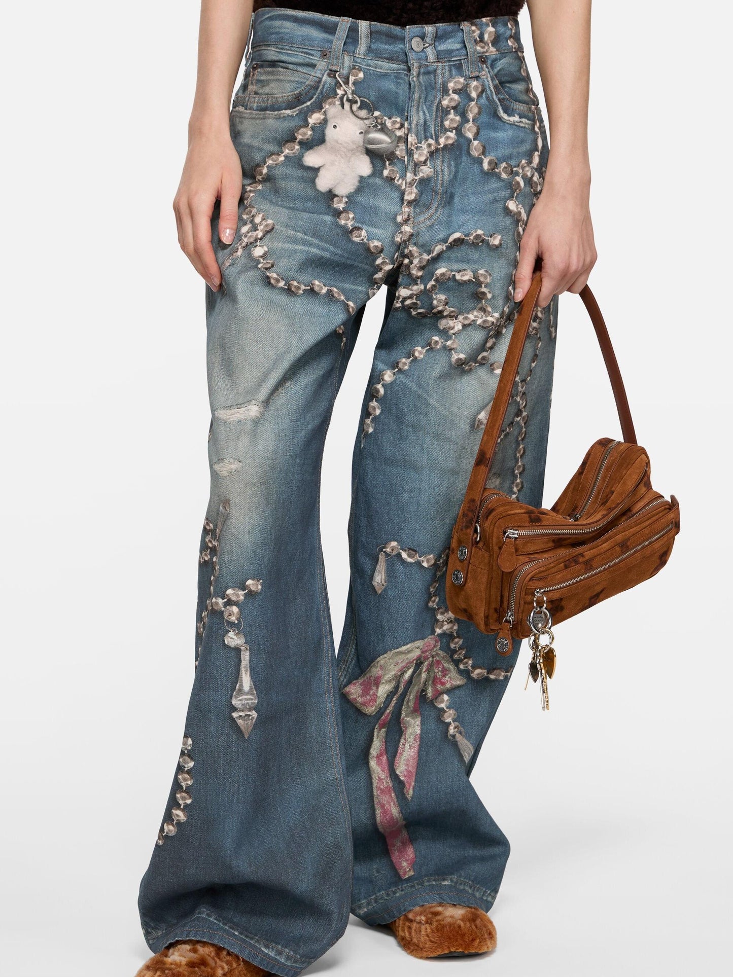 Crystal Chain Embellishments Vintage Wash Wide-Leg Denim Jeans