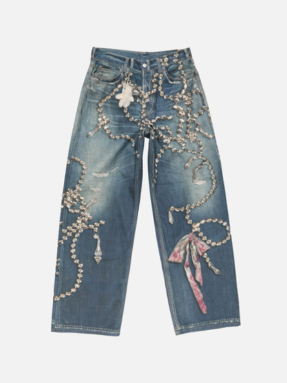 Crystal Chain Embellishments Vintage Wash Wide-Leg Denim Jeans
