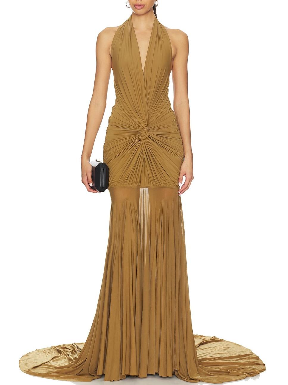 Elegant Plunging V-Neck Ruched Maxi Dress