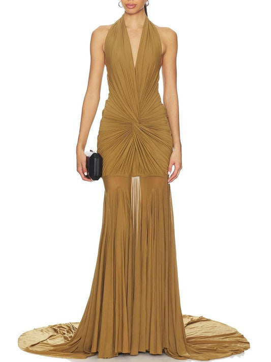 Elegant Plunging V-Neck Ruched Maxi Dress
