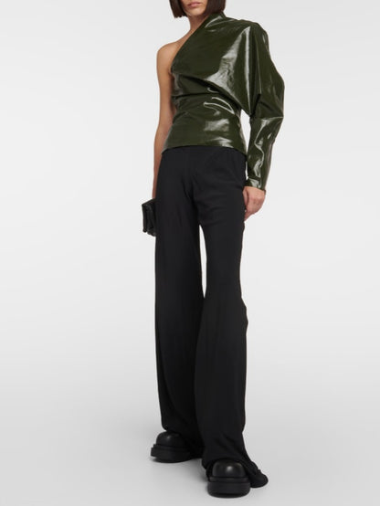 Chic One Shoulder Green Leather Top