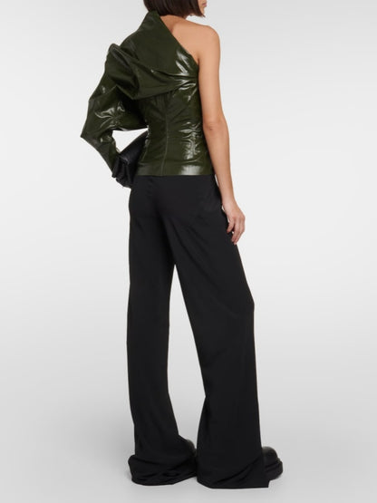 Chic One Shoulder Green Leather Top