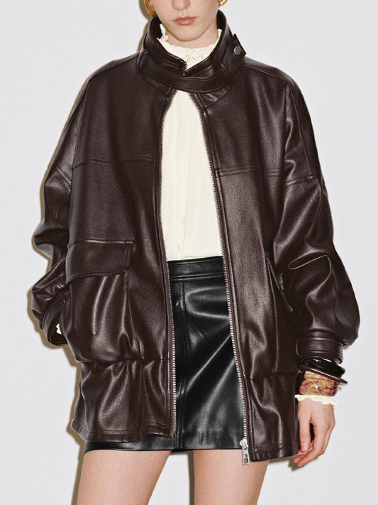 Full Zip Stand Collar Vegan Leather Jackets