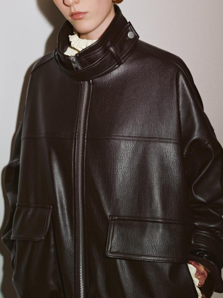 Full Zip Stand Collar Vegan Leather Jackets