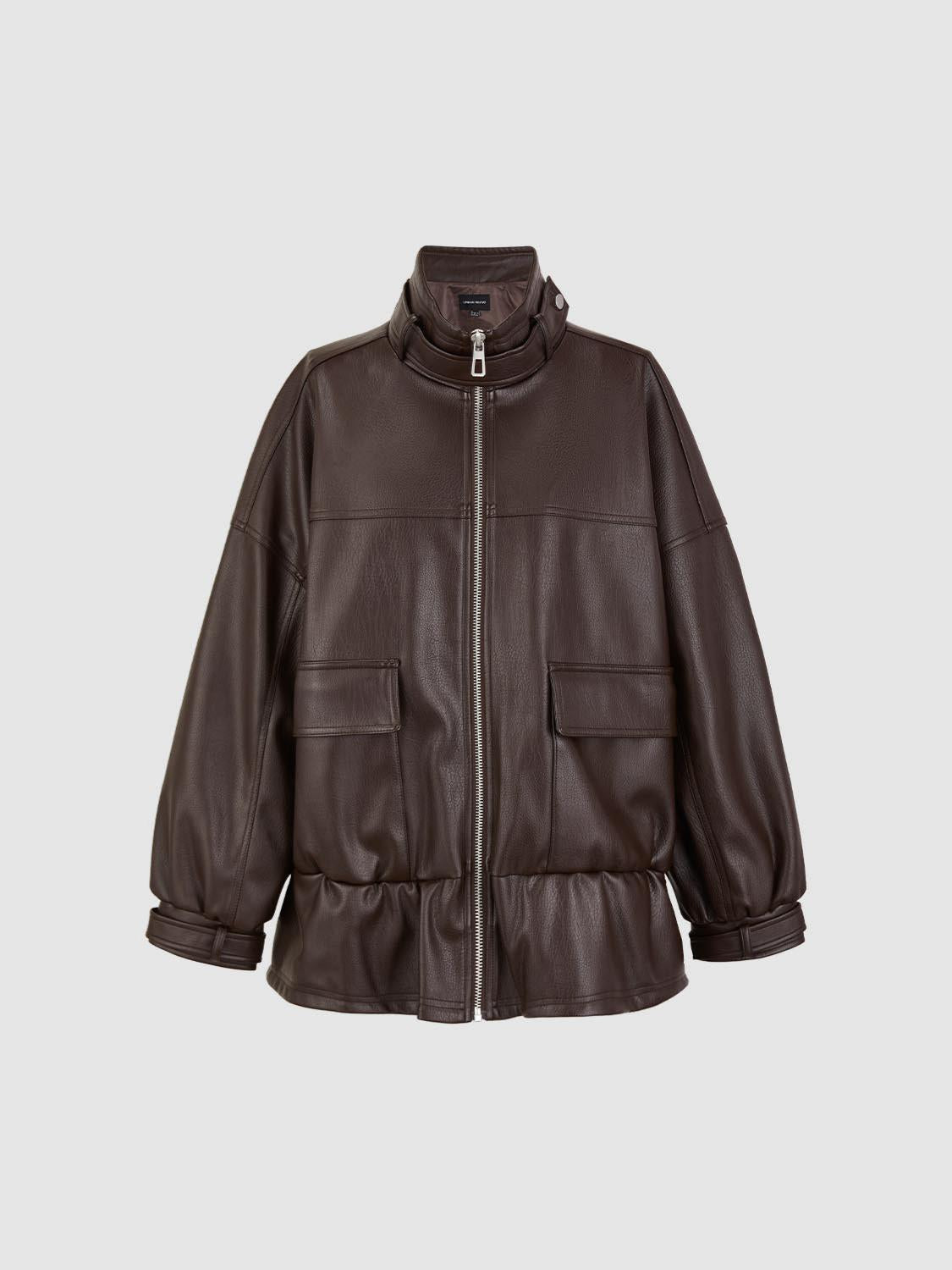 Full Zip Stand Collar Vegan Leather Jackets