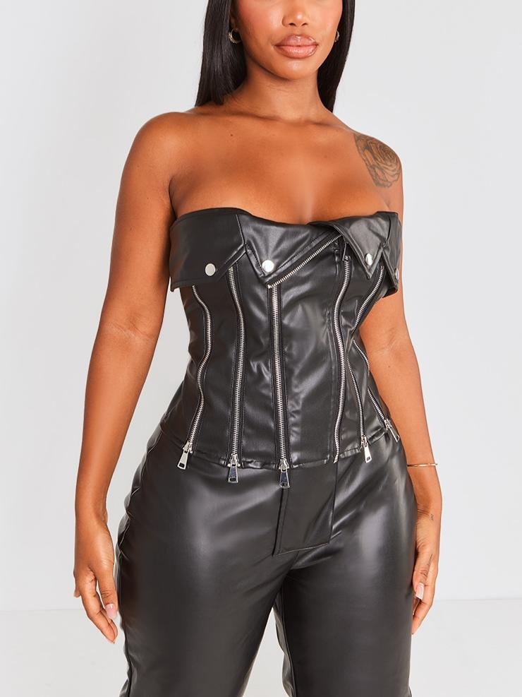 Black Faux Leather Zip Detail Corset Top