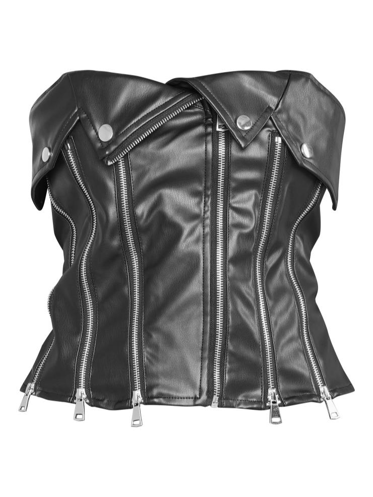 Black Faux Leather Zip Detail Corset Top