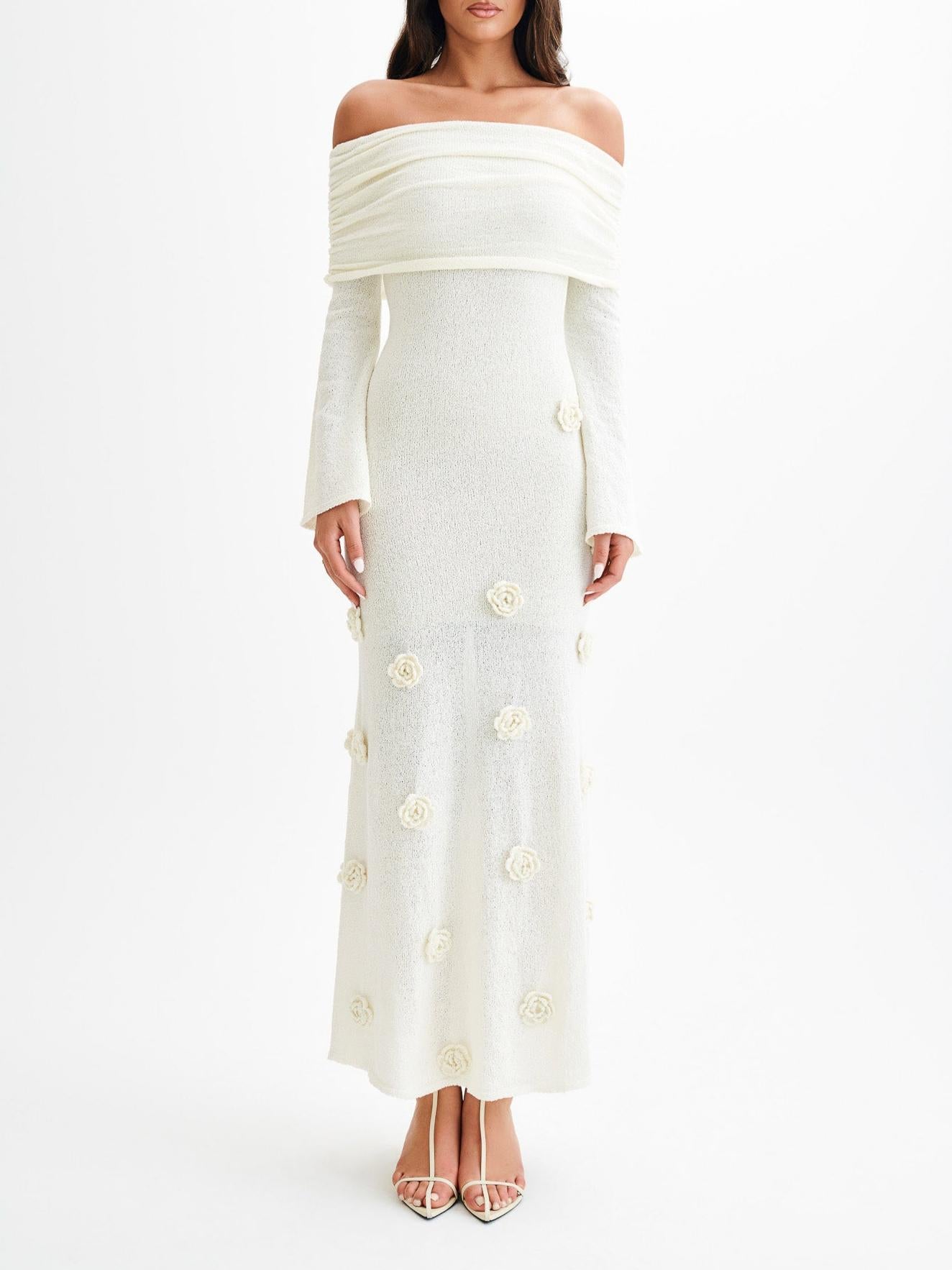 Off Shoulder Knit Rose Maxi Dress