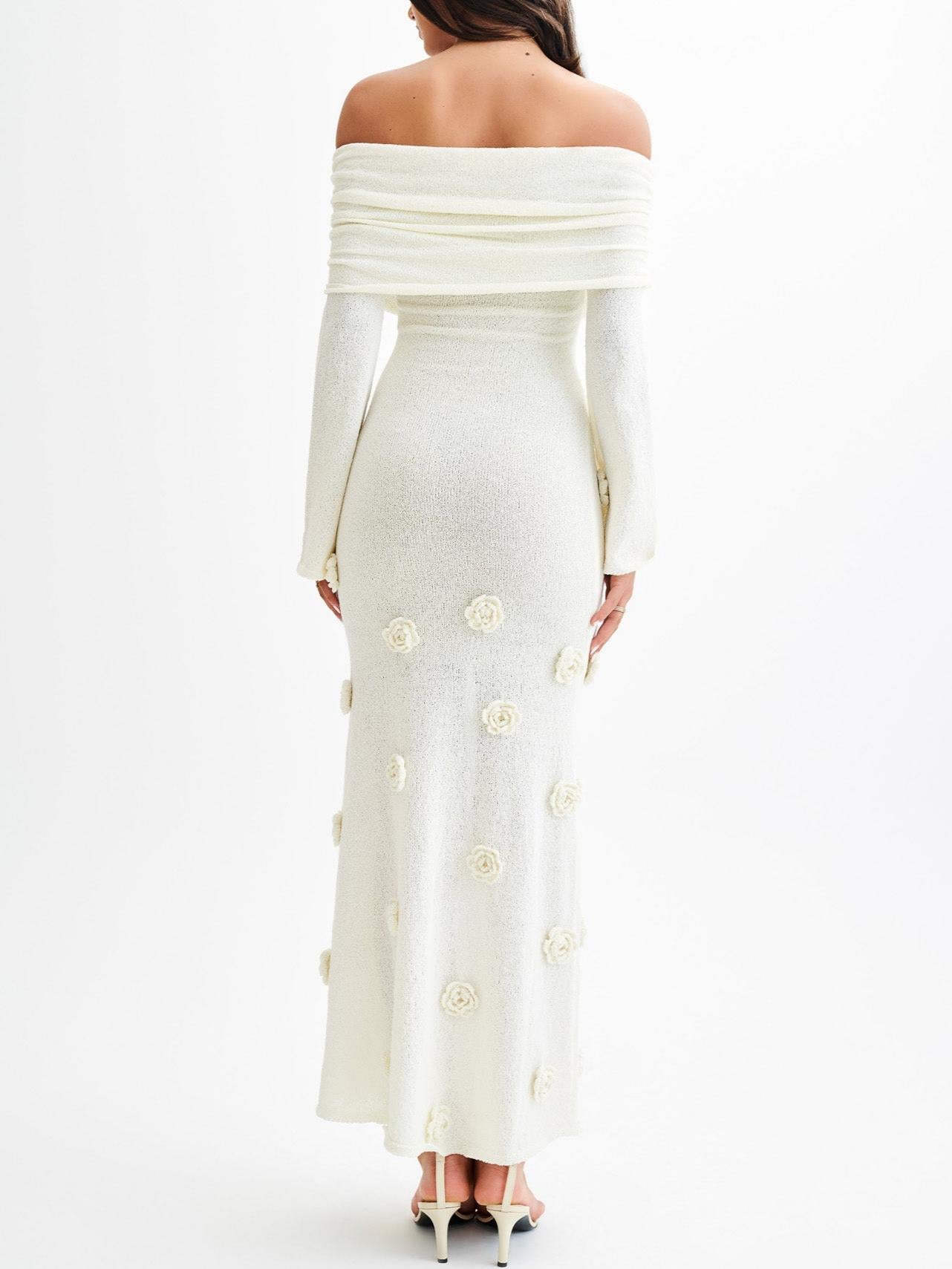 Off Shoulder Knit Rose Maxi Dress