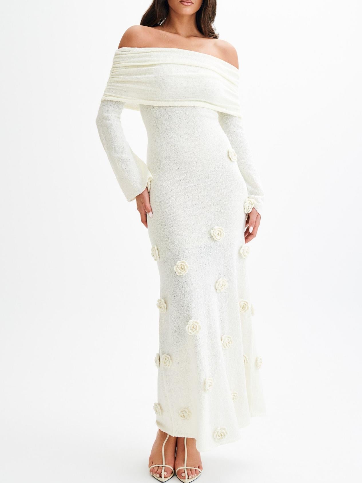 Off Shoulder Knit Rose Maxi Dress