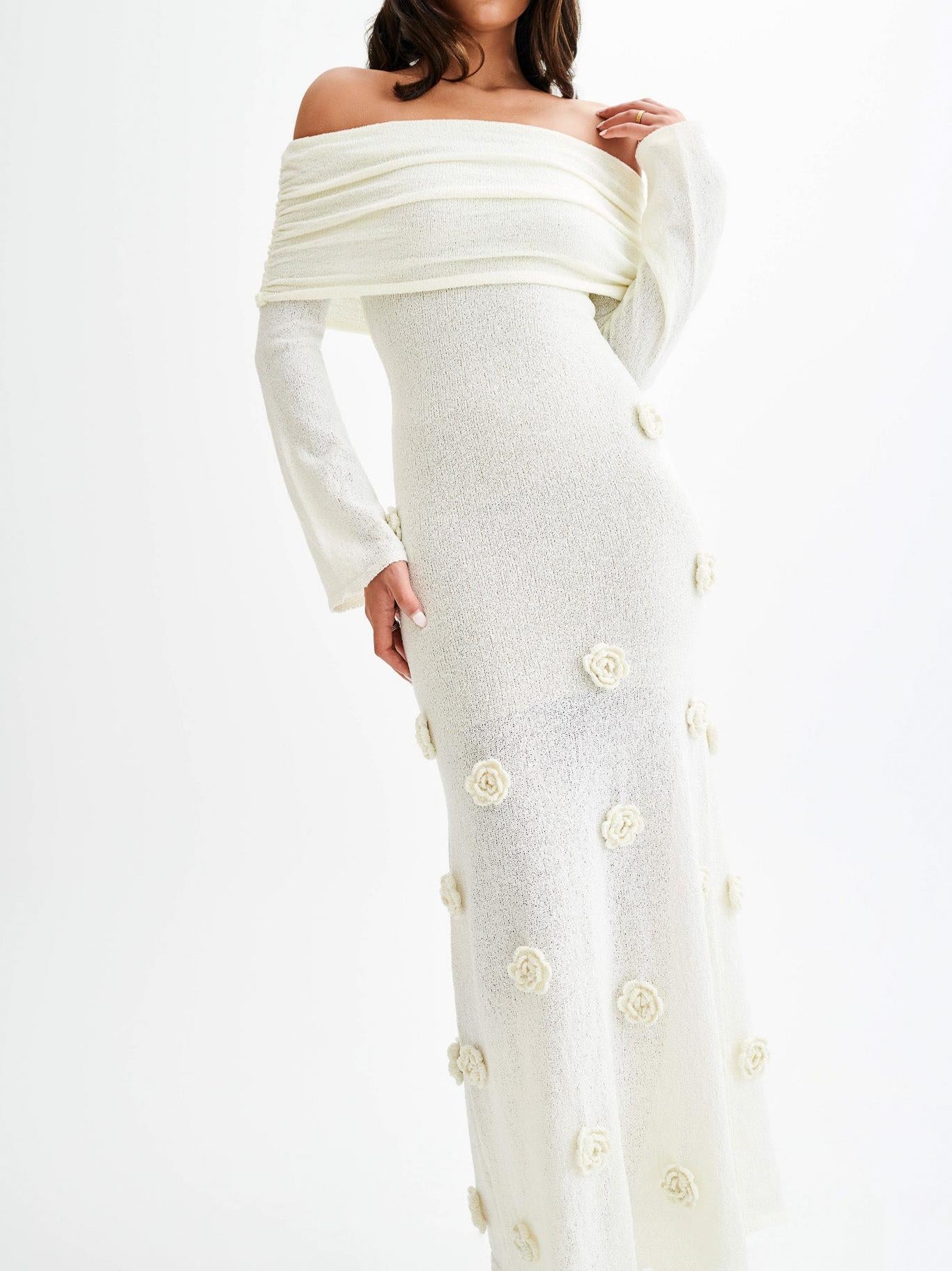 Off Shoulder Knit Rose Maxi Dress